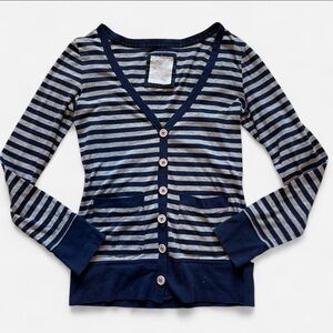 Navy and Light Gray Striped V-Neck Button Cardigan Sweater